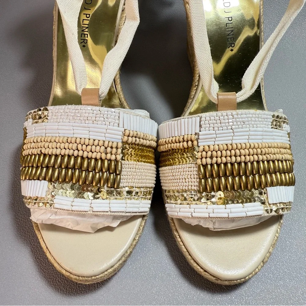 Donald J. Pliner New Elsa Cream and Gold Beaded Wedge Espadrille Sandles